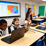 **

A group of children enthusiastically learning to code on laptops, surrounded by colorful visuals and diagrams. Focus on the expressions of creativity, problem-solving, and engagement. The setting is a bright and inspiring classroom environment, possibly with a coding teacher nearby.

**