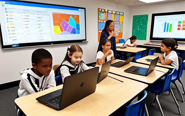 **
A group of children enthusiastically learning to code on laptops, surrounded by colorful visuals and diagrams. Focus on the expressions of creativity, problem-solving, and engagement. The setting is a bright and inspiring classroom environment, possibly with a coding teacher nearby.
**