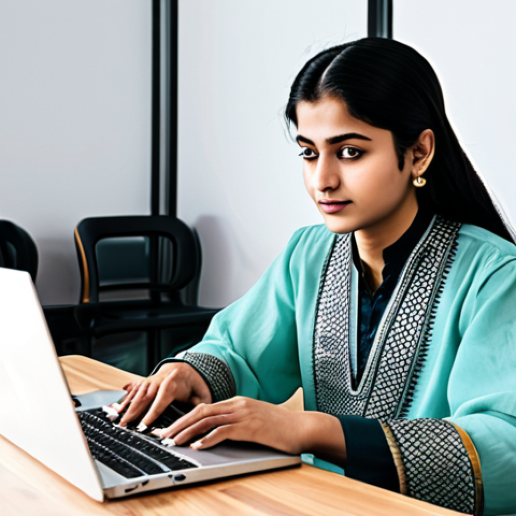 **

A student, fully clothed in a traditional shalwar kameez, sitting at a desk studying coding on a laptop. Books on Python, JavaScript, and HTML are stacked nearby. The background is a bright, modern study room. The scene should evoke a sense of learning and dedication. safe for work, appropriate content, fully clothed, professional, perfect anatomy, natural pose, well-formed hands, proper finger count, natural body proportions.

**