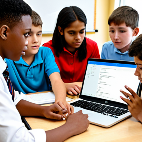 Coding in a Classroom**

"A diverse group of middle school students learning to code in a bright, modern classroom. The teacher, fully clothed in professional attire, is assisting a student with a coding problem on a laptop. The atmosphere is collaborative and encouraging. Safe for work, appropriate content, fully clothed, professional, modest, family-friendly, perfect anatomy, correct proportions, natural pose, well-formed hands, proper finger count, natural body proportions, high quality."

**
