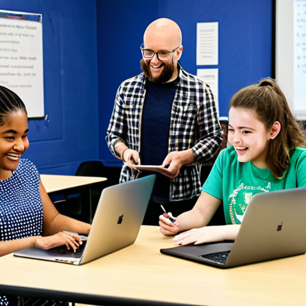 **

"A diverse group of fully clothed students enthusiastically participating in a coding workshop, using laptops and tablets, with a teacher providing guidance in a bright and modern classroom, safe for work, appropriate content, family-friendly, professional learning environment, correct proportions, natural pose."

**