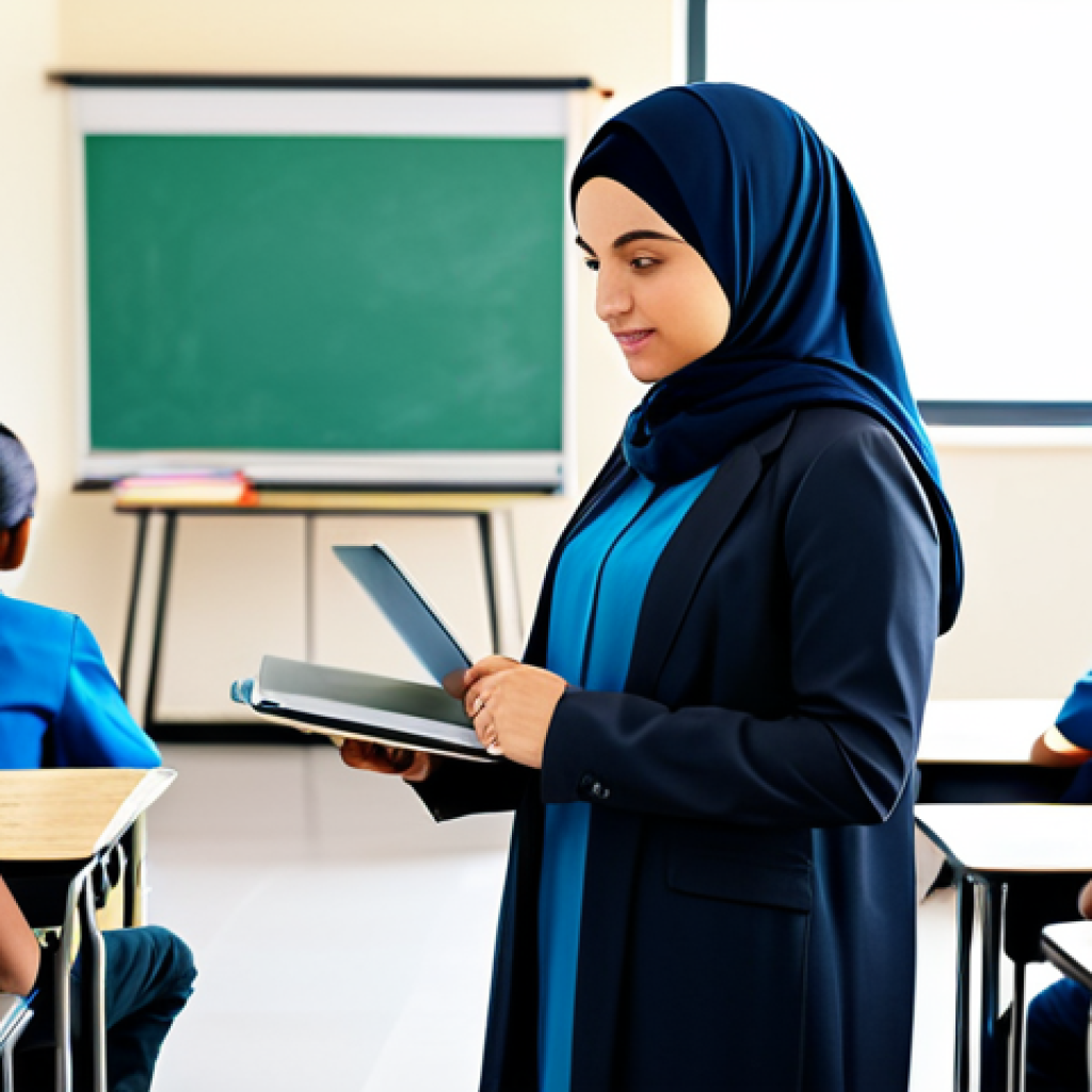 **

A professional female teacher in a modest hijab and fully clothed, professional attire, teaching a coding class to middle school students in a bright, modern classroom. Students are engaged and attentive. Safe for work, appropriate content, perfect anatomy, natural proportions, family-friendly.

**
